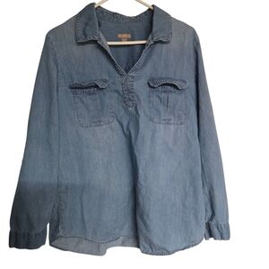 J. Jill Roll Tab Sleeve Chambray Pullover Shirt Large Blue 100% Cotton